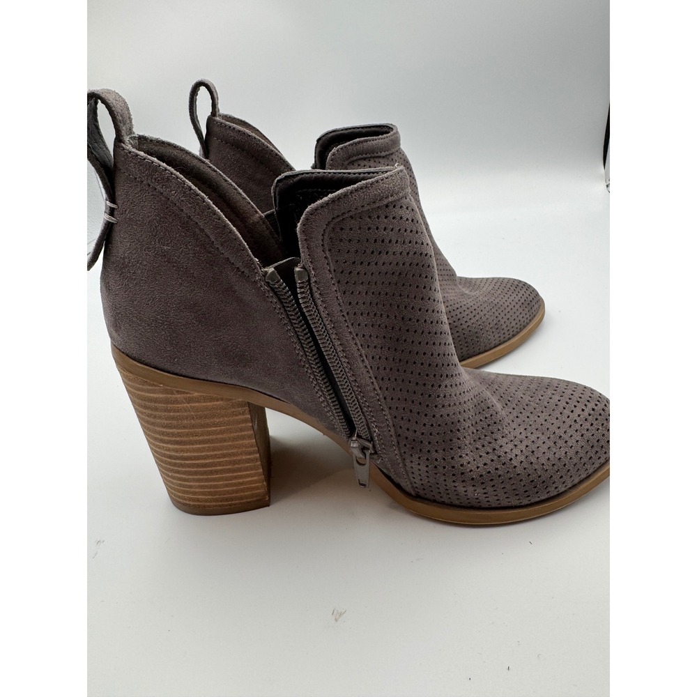 Mia Taupe Grey Perforated Faux Suede Stacked Block Heel Ankle Booties Side Zip